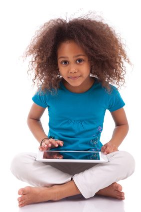 Little african asian girl using a tablet  pc, isolated on white background